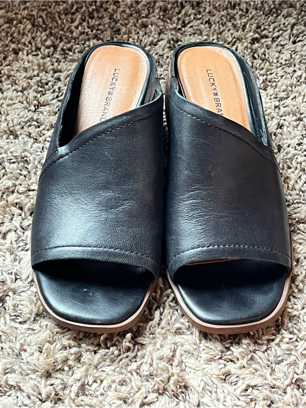 Lucky Brand Shoes Womens 7.5M Jemie Black Leather Heels Mule Slide Open Toe - Picture 3 of 12
